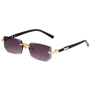 Fashionable rimless sunglasses with purple gradient lenses and black gold metal temples