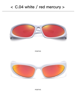 Front view of white sports sunglasses with red mercury lenses and curved frame