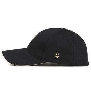 Classic black baseball cap with golden D embroidery and light edge piping