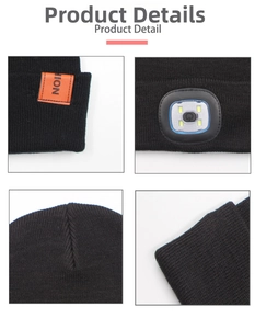 Detailed views of black knit beanie with embedded 4-LED light and orange fashion label