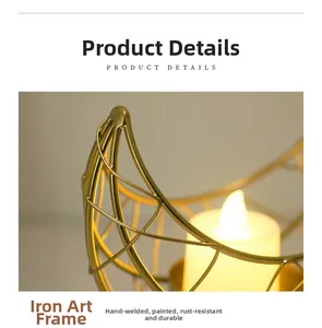 Detailed view of golden crescent moon metal incense burner with led candle light