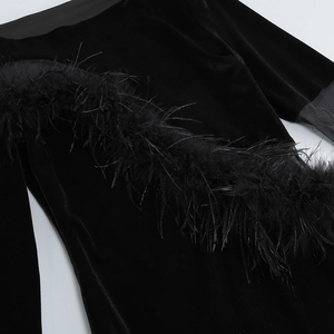 Detail of luxurious black velvet fabric with fluffy feather trim on mini dress sleeve