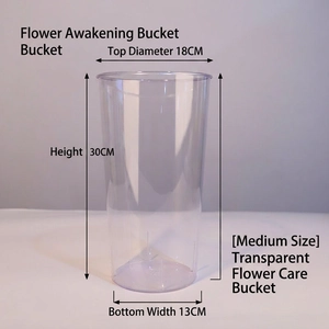 Transparent acrylic flower bucket detail showing 18cm top width and 30cm height dimensions