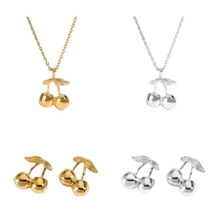 Elegant stainless steel cherry jewelry set with necklace and earrings in gold and silver