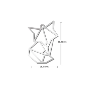 Silver geometric fox pendant with precise dimensions 36.16mm height and 26.11mm width
