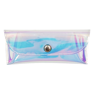 Detailed view of the holographic PVC material and metal button closure on this eyewear bag