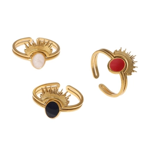 Retro 18k gold plated stainless steel open rings with colorful enamel oval stones