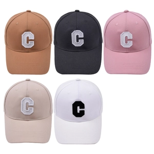 Five assorted cotton baseball caps featuring a white C letter embroidery in various colors