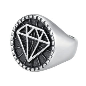 Punk style silver stainless steel signet ring featuring a vintage 3D diamond logo design