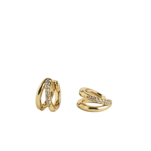 Gold plated brass double hoop earrings with zircon stones and polished cross design