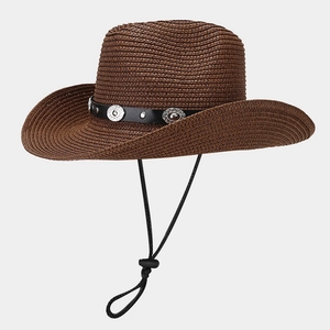 Detail of dark brown straw cowboy hat with vintage silver metal buckles and adjustable cord