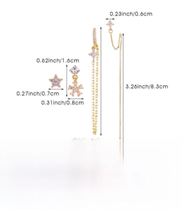 Detailed view of copper flower earrings set with dimensions and zircon inlay details