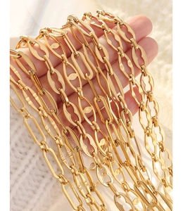 Detail of 18K gold-plated titanium steel chains with oval and pig nose links texture