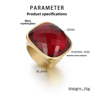 Macro shot of 26mm red square crystal glass set in golden stainless steel band