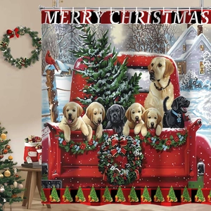 Detailed Christmas shower curtain with red truck, puppies, and Merry Christmas text