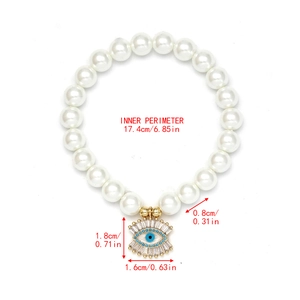 Detailed size specifications for pearl evil eye bracelet with dimension labels in inches