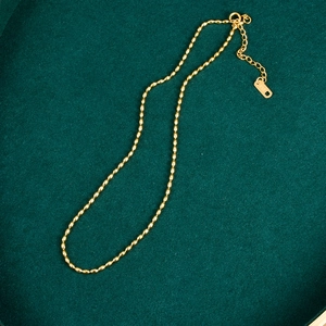 Minimalist 18K gold stainless steel beaded necklace with oval links on green velvet