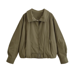 Women Oversized Bomber Jacket Olive Green Twill Short Flight Coat With Buckle Hem Snap Button For Casual Outerwear