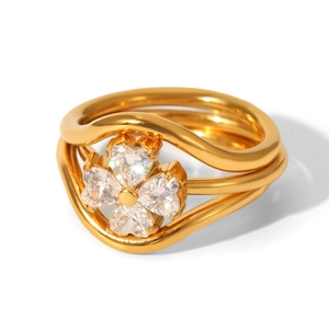 Golden titanium steel four-leaf clover ring inlaid with white cubic zirconia crystals