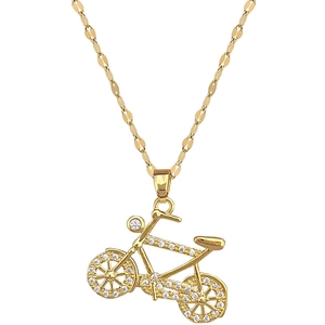 Luxurious gold bicycle necklace with crystal diamond wheels on a titanium steel chain
