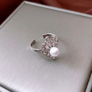 Elegant French style floral pearl ring with zircon accents in adjustable silver open design