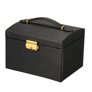 Elegant black PU leather jewelry box with a three-layer design and golden handle