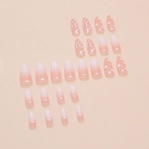 Peach gradient press-on nails set with heart patterns and silver glitter lines