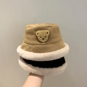 Cute Bear Embroidery Cotton Faux Suede Fisherman Hat Plush Brim Warm Winter Basin Hat For Boys Girls Toddlers Children