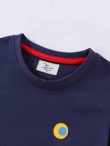 Navy blue boys' short-sleeved T-shirt featuring red inner collar band and brand tag