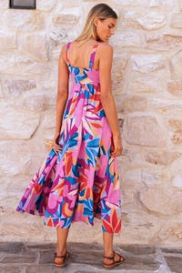 Detail of cross-back floral print summer maxi dress with elastic back and thin straps