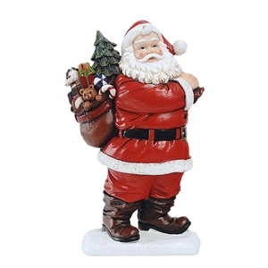Resin Santa Claus figurine with gift sack and teddy bear on white snow base