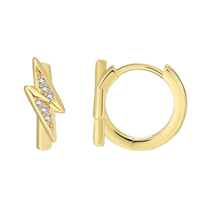 Minimalist gold lightning bolt hoop earrings with white zircon crystals on white background