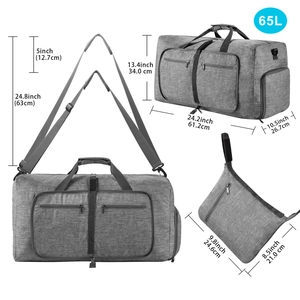 Detailed size chart for the 65L foldable grey travel bag showing dimensions and capacity