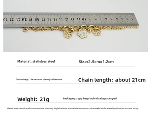 Detail view of 18K gold plated stainless steel rose bracelet with size measurement