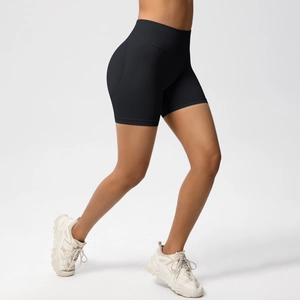 Side view of seamless high-waist fitness shorts with elastic fabric for yoga and gym