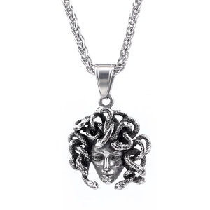 Retro silver Medusa head pendant necklace with vintage stainless steel wheat chain