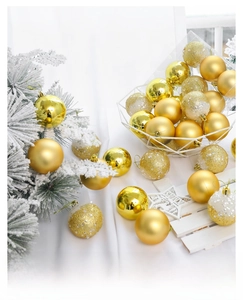 Close-up of 6cm champagne and white Christmas ornaments with glitter and matte textures