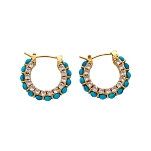 Elegant 18k gold plated hoop earrings with blue turquoise beads and clear zircon stones