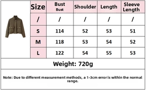 Size chart detail for bomber jacket with bust, shoulder, and sleeve length measurements