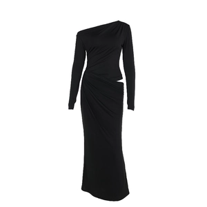 Elegant black one-shoulder slim fit maxi dress with side cut-out and ruched detailing