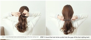 Hair bun maker step 1: placing hair into the opening of the black flexible styling tool