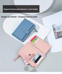Detail view of pink and blue faux leather card wallets with zipper pocket and card slots