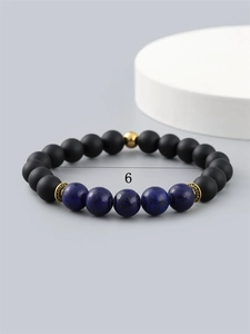 Bracciale da uomo con perline di pietra nera opaca, lapislazzuli blu e lega dorata