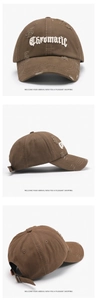 Three views of a brown distressed baseball cap with white Chromatic 3D embroidery