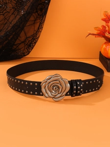 Gothic black leather belt with silver rose buckle and studs on orange background