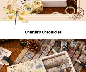 Close-up of vintage washi tape set featuring retro newspaper and botanical patterns