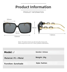Detailed dimensions of oversized square sunglasses featuring gold chain-link temple arms