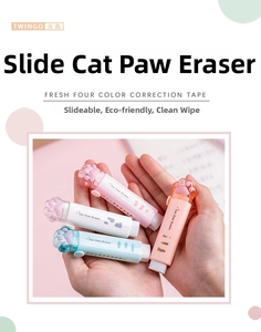 Detailed view of cute cat paw shaped retractable erasers in four pastel colors