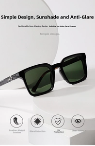 Detail of black square sunglasses with silver metal arrow hardware and UV lenses