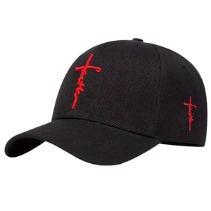 Black baseball cap with red faith cross embroidery on a plain white background